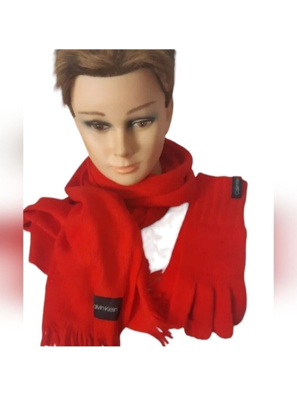 CALVIN KLEIN bright RED scarf gloves set fringe edge finger openings texting OS